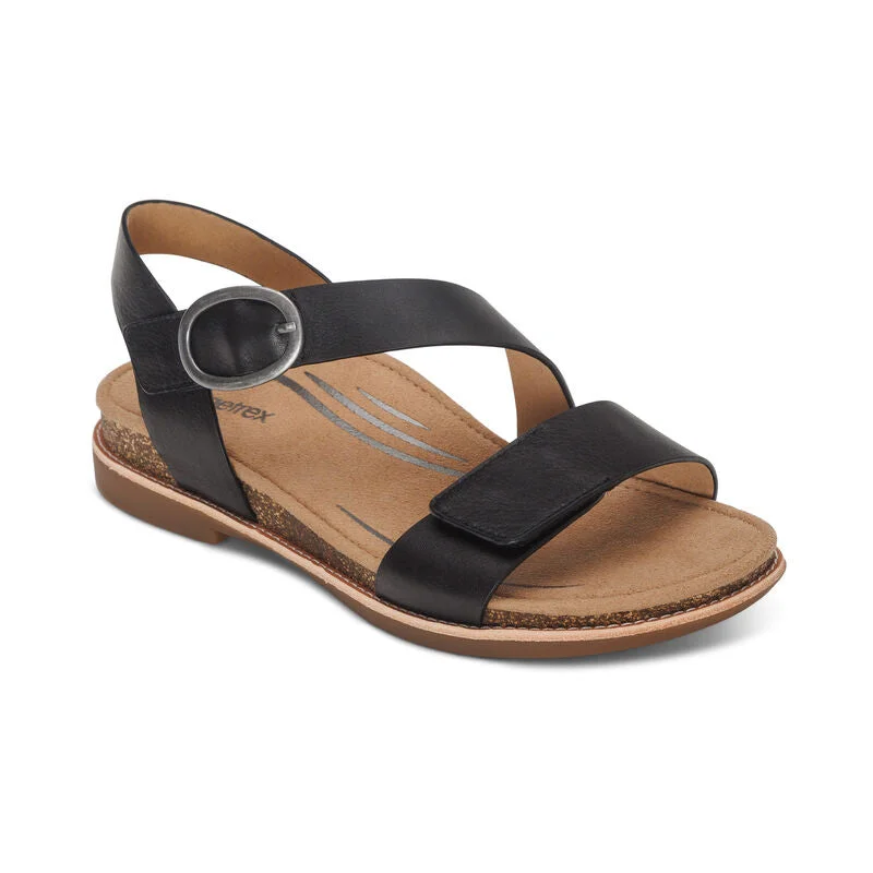 Women's Aetrex Tamara Asymmetrical Quarter Strap Sandal Color: Black Quick - Dry Hiking Shoe Style   
