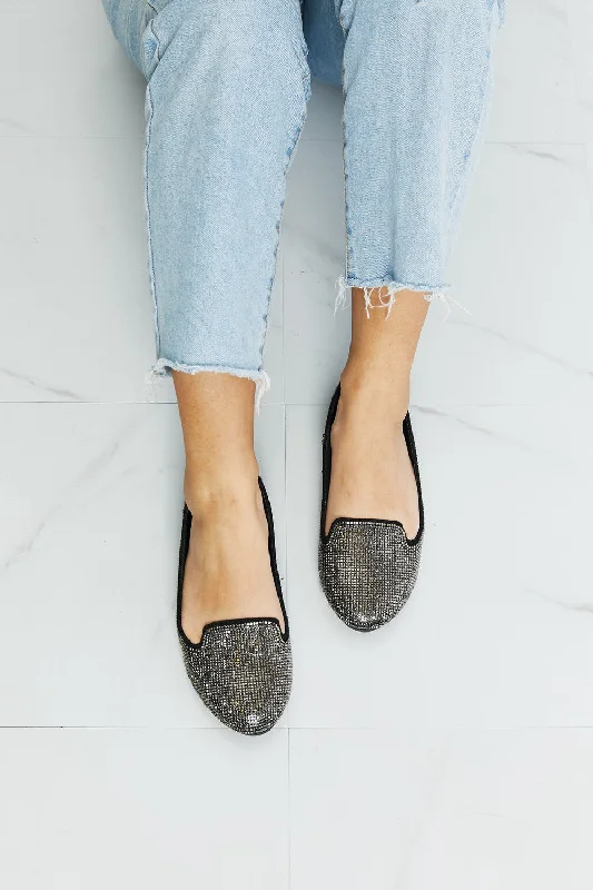 Rhinestone Round Toe Flats in Black/Pewter Business Monk Strap Style  