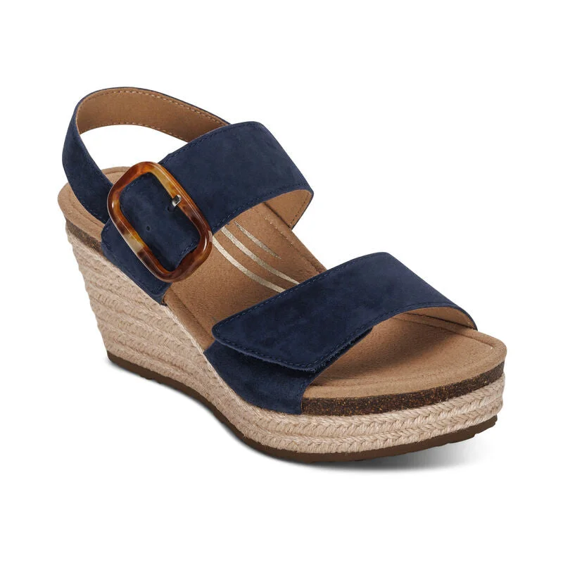Women's Aetrex Ashley Arch Support Wedge Color: Navy Brogue Oxford Aesthetic 