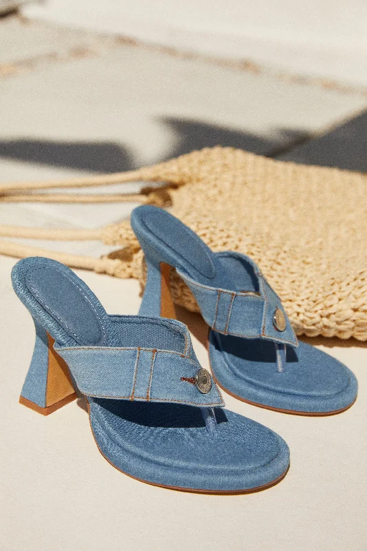 Kamora Thong Strap High Heel Mules - Denim Strap - Up Sandal Resort Style  