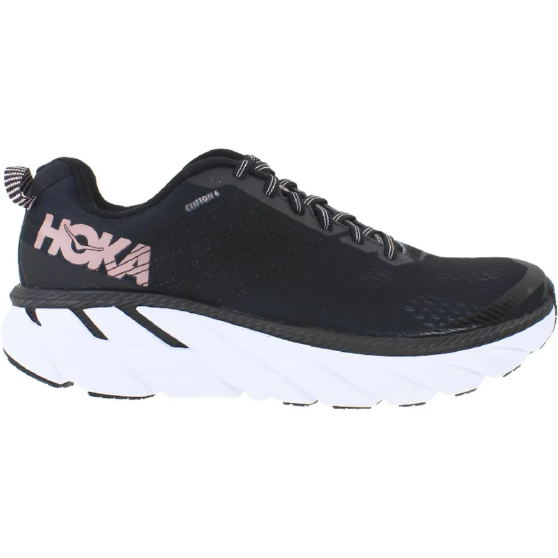 Women's Hoka One One Clifton 6 Black/Rose Gold Mesh Athleisure Derby Style  