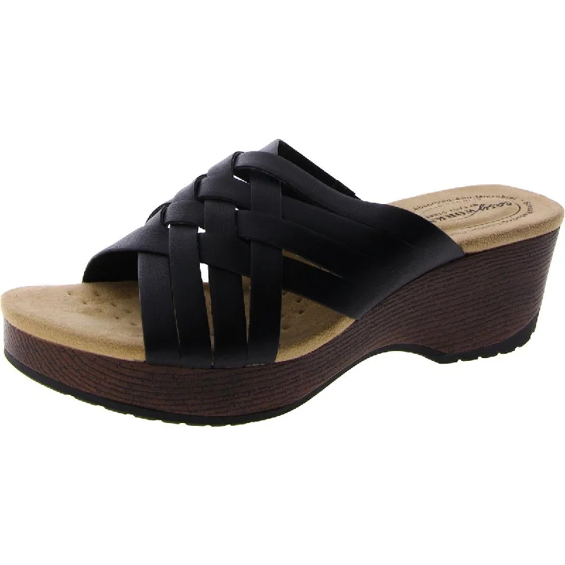 Easy Works by Easy Street Womens Rosanna Faux Leather Wedge Sandals Striped Shoe Style Easy Works by Easy Street Womens Rosanna Faux Leather Wedge Sandals Striped Shoe Style