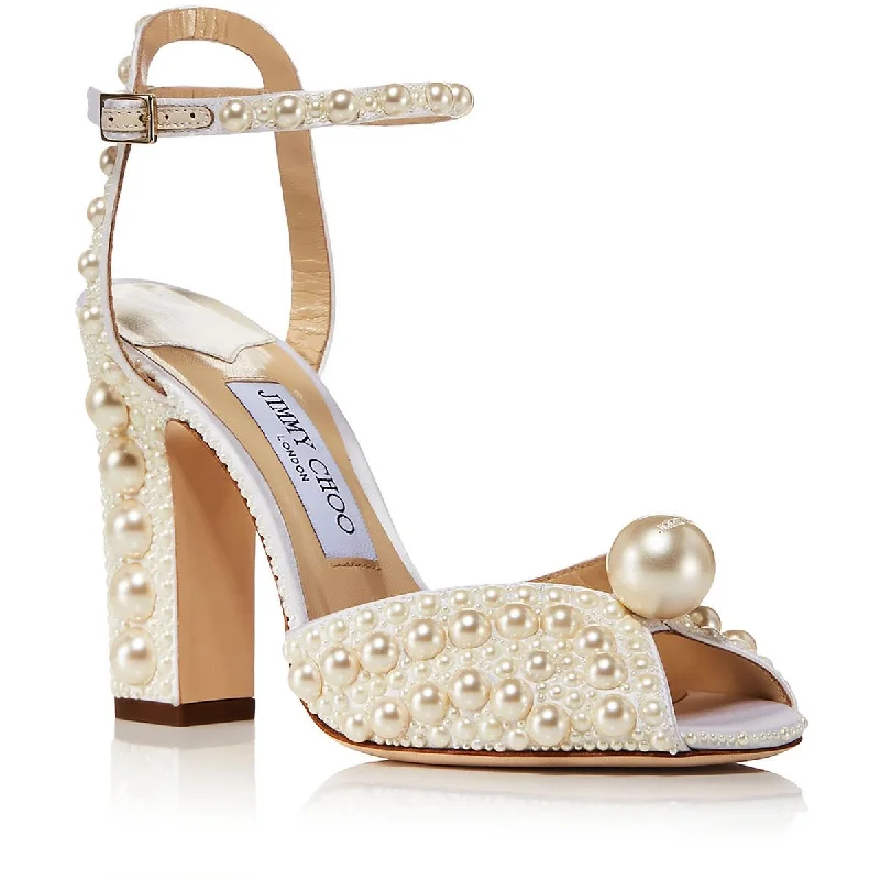 Jimmy Choo Womens Sacaria 100 Sating Peep Toe Block Heel Leather Driving Shoe Style  