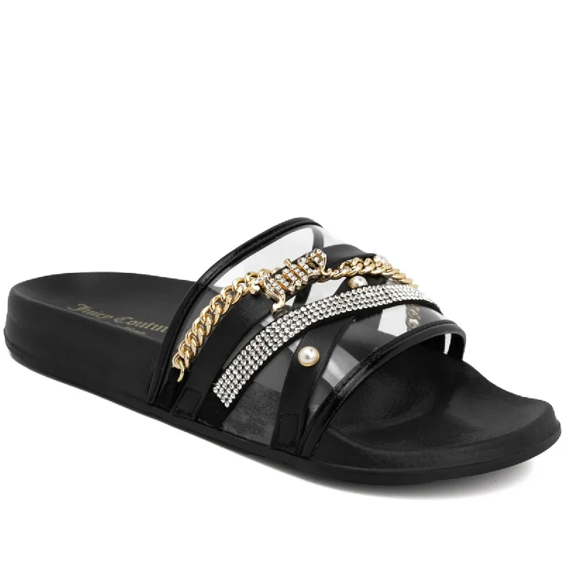 Juicy Couture Womens STYX Faux Leather Embellished Slide Sandals Artisan - Crafted Loafer Style Juicy Couture Womens STYX Faux Leather Embellished Slide Sandals Artisan - Crafted Loafer Style