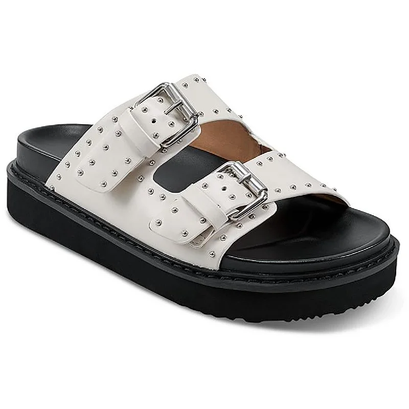 Marc Fisher LTD Womens Agusta Leather Adjustable Slide Sandals Metallic Trim Shoe Design  
