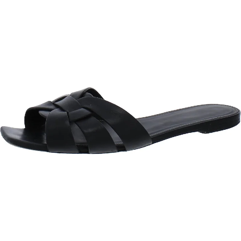 Saint Laurent Womens Leather Peep-Toe Slide Sandals Brogue Oxford Aesthetic 