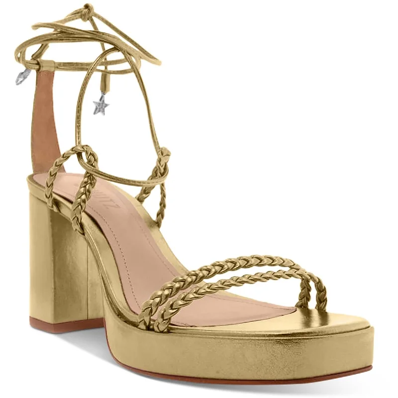 Schutz Womens Lunah Plat Slip On Jeweled Block Heel Open - Lacing Derby Look  