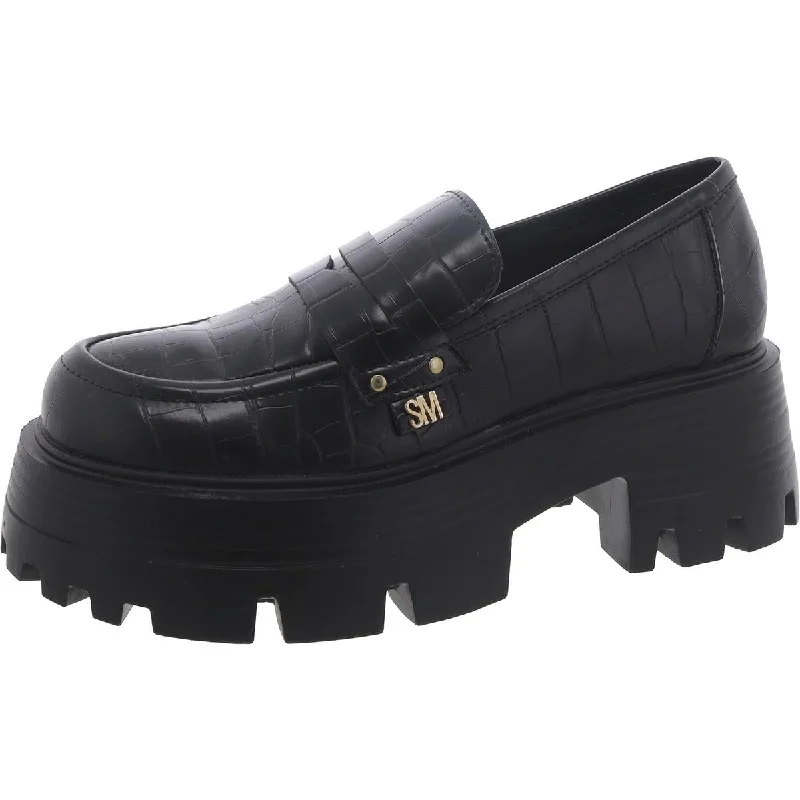 Steve Madden Womens Madlove Faux Leather Croc Print Loafers Open - Lacing Derby Look  