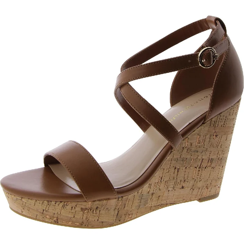 Tommy Hilfiger Womens Missa Faux Leather Ankle Strap Wedge Sandals Combat - Inspired Military Boot Look  