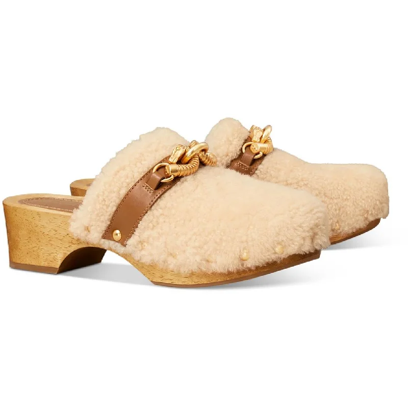 Tory Burch Womens Jessa Shearling Clog Leather Mule Clogs Leather Driving Shoe Style  