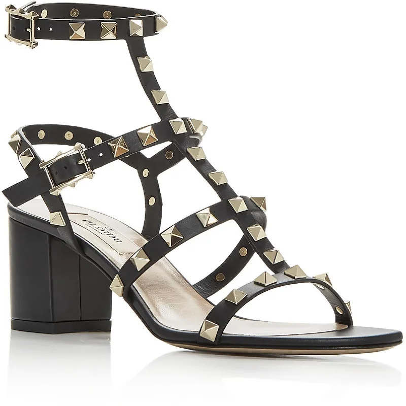 Valentino Garavani Womens ROCKSTUD CITY Leather Round toe Heels Metallic Trim Shoe Design Valentino Garavani Womens ROCKSTUD CITY Leather Round toe Heels Metallic Trim Shoe Design