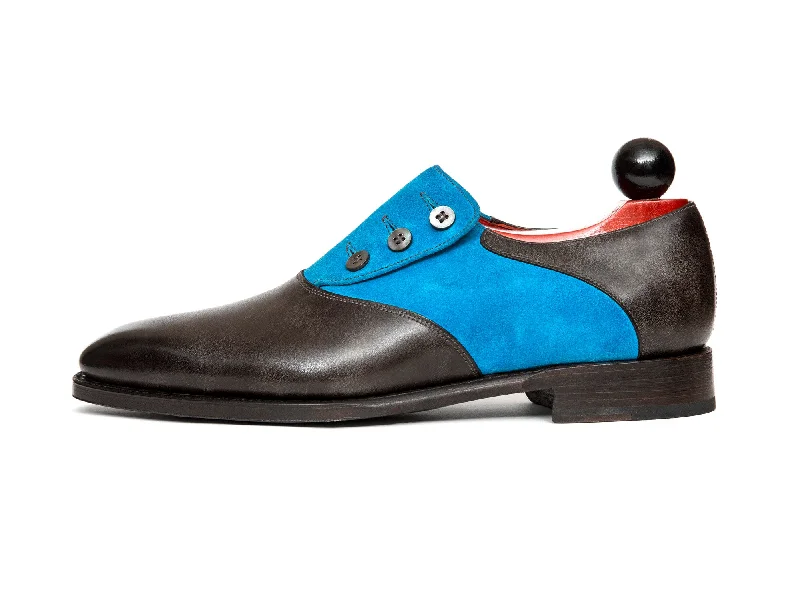 Aurora - MTO - Grey Museum Calf / Turquoise Suede - LPB Last - Single Leather Sole Strap - Up Sandal Resort Style Aurora - MTO - Grey Museum Calf / Turquoise Suede - LPB Last - Single Leather Sole Strap - Up Sandal Resort Style