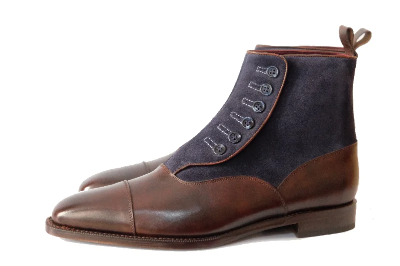 Bellevue - MTO - Dark Brown Museum Calf / Navy Suede - Sky Blue Stitching - Blue Buttons - MGF Last - Single Leather Sole Ivy League Loafer Look Bellevue - MTO - Dark Brown Museum Calf / Navy Suede - Sky Blue Stitching - Blue Buttons - MGF Last - Single Leather Sole Ivy League Loafer Look