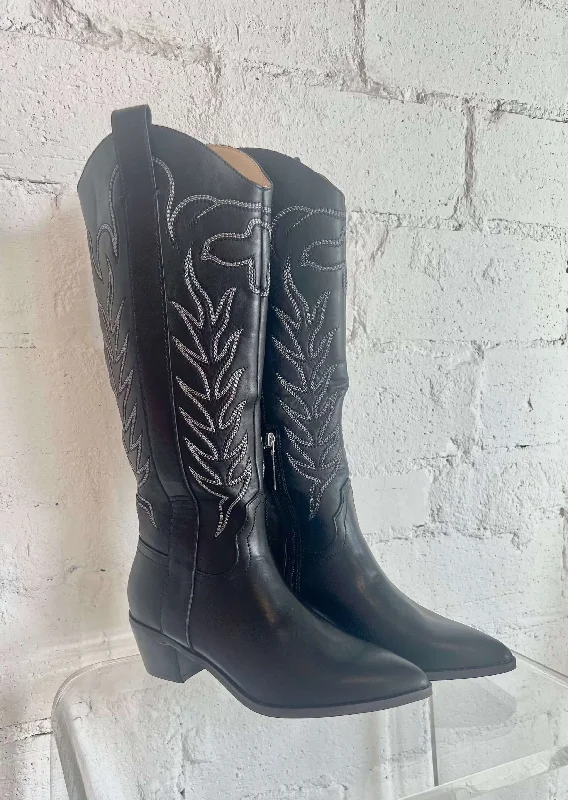 Black Inlay Vegan Cowboy Boots Upcycled Shoe Look  