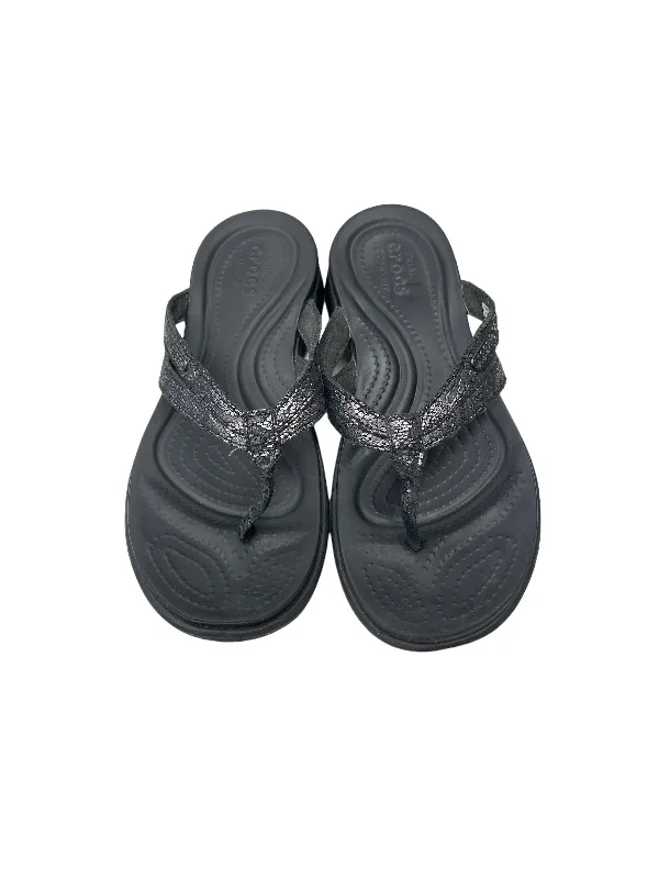 Black Sandals Flip Flops Crocs, Size 9 Metallic Trim Shoe Design  