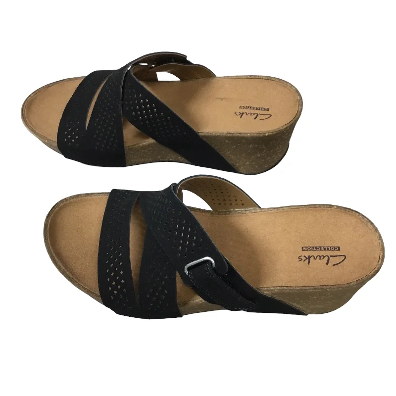 Black Sandals Heels Wedge Clarks, Size 7.5 Chunky Platform Sneaker Style  
