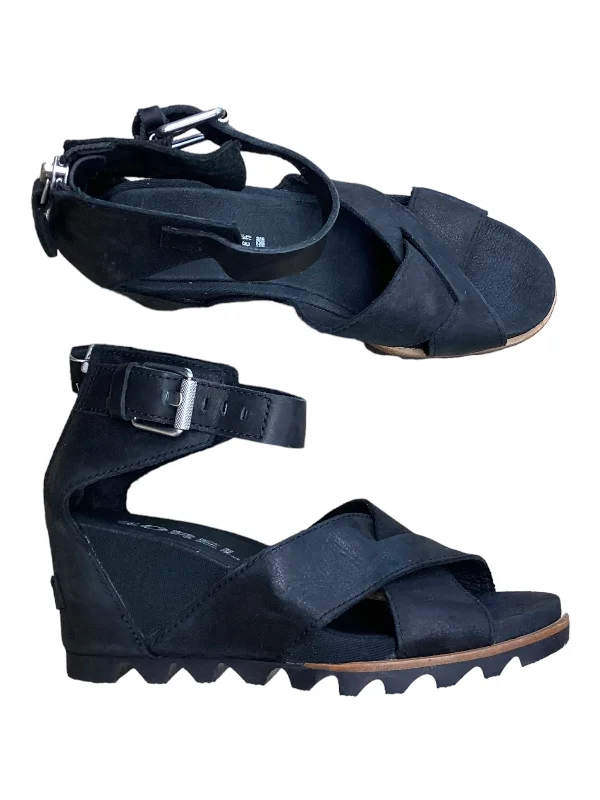 Black Sandals Heels Wedge Sorel, Size 7.5 Artisan - Crafted Loafer Style  