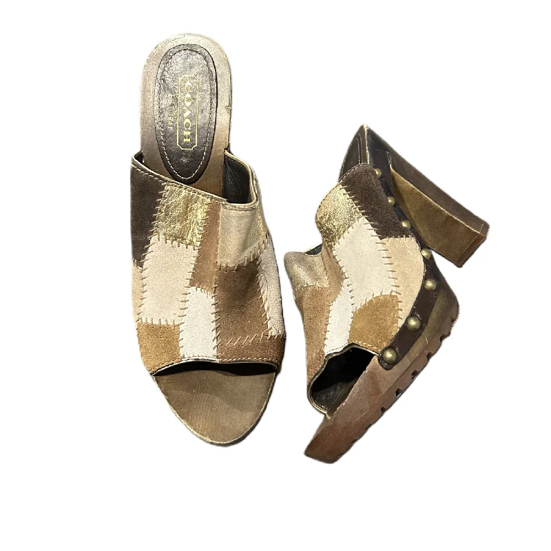Brown & Cream Sandals Heels Block By Coach, Size: 8.5 Blue Coast Loafer Aesthetic 