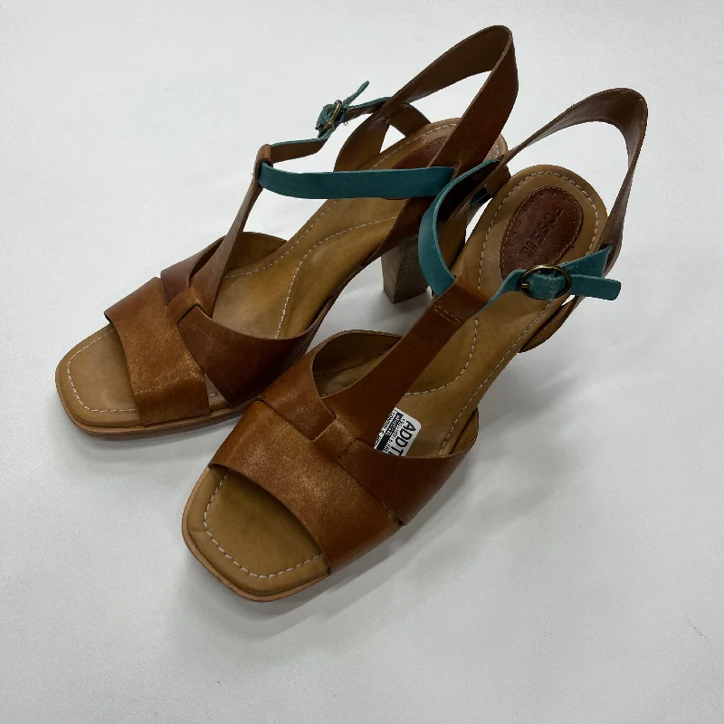 Brown Sandals Heels Block Fossil, Size 8.5 Tailored Oxford Style 
