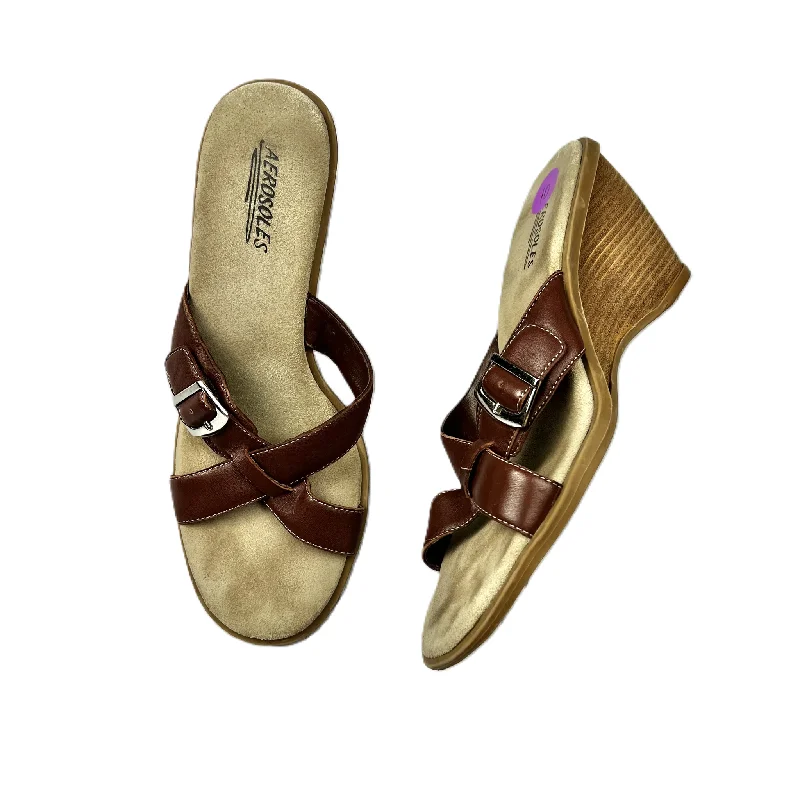 Brown Sandals Heels Wedge By Aerosoles, Size: 10 Metallic Trim Shoe Design  