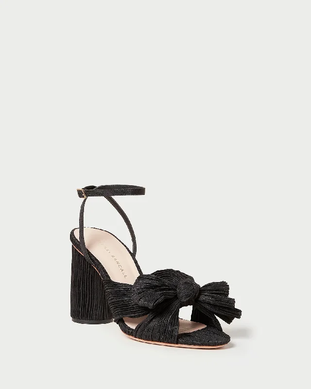 Camellia Black Pleated Bow Heel Monochromatic Shoe Look  
