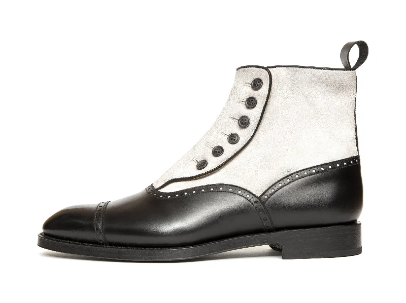 Puyallup - MTO - Black Calf / Pearl Grey Suede - NGT Last - Double Leather Sole - Grey Buttons Patchwork Shoe Aesthetic Puyallup - MTO - Black Calf / Pearl Grey Suede - NGT Last - Double Leather Sole - Grey Buttons Patchwork Shoe Aesthetic