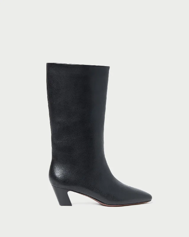Cleo Black Leather Mid-Calf Boot Cowboy Boot Western Style  