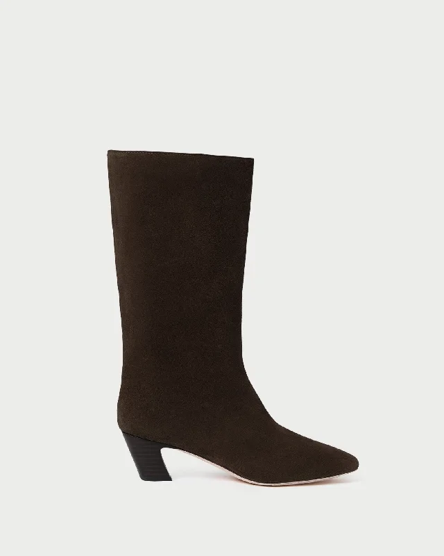 Cleo Brown Suede Mid-Calf Boot Ivy League Loafer Look 