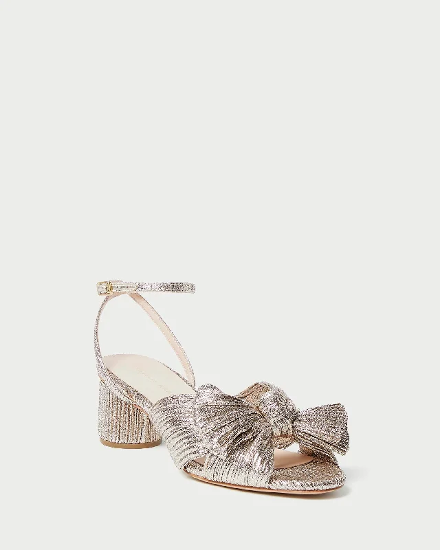 Dahlia Champagne Pleated Bow Heel Metallic Trim Shoe Design  