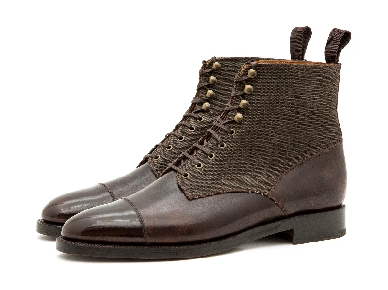 Delridge - MTO - Dark Brown Museum Calf / Military Canvas - TMG Last - Double Leather Sole Embroidered Cowboy Boot Design Delridge - MTO - Dark Brown Museum Calf / Military Canvas - TMG Last - Double Leather Sole Embroidered Cowboy Boot Design