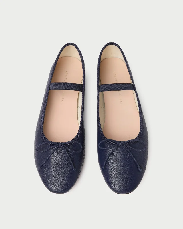 Leonie Navy Leather Ballet Flat Elastic - Sided Chelsea Look  