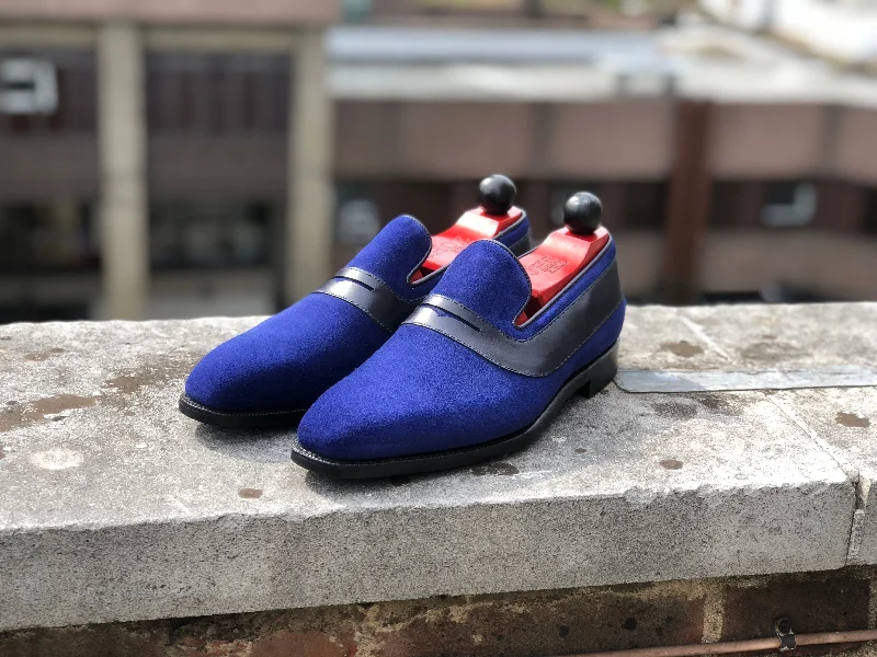 Marcos - MTO - Vivid Blue Suede / Black Calf - LPB Last - Single Leather Sole Art Deco - Inspired Shoe Look Marcos - MTO - Vivid Blue Suede / Black Calf - LPB Last - Single Leather Sole Art Deco - Inspired Shoe Look