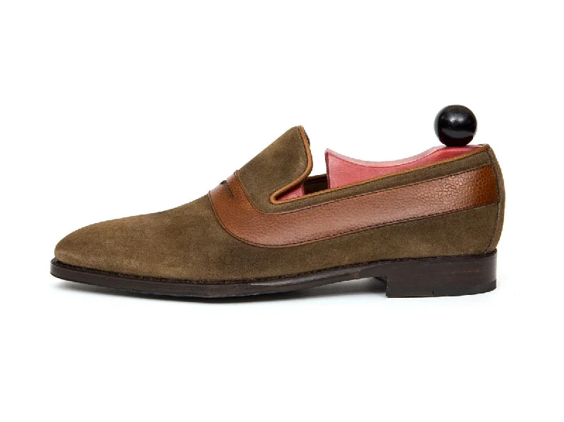 Marcos - MTO - Taupe Suede / Tan Soft Grain - LPB Last - Single Leather Sole Striped Shoe Style Marcos - MTO - Taupe Suede / Tan Soft Grain - LPB Last - Single Leather Sole Striped Shoe Style