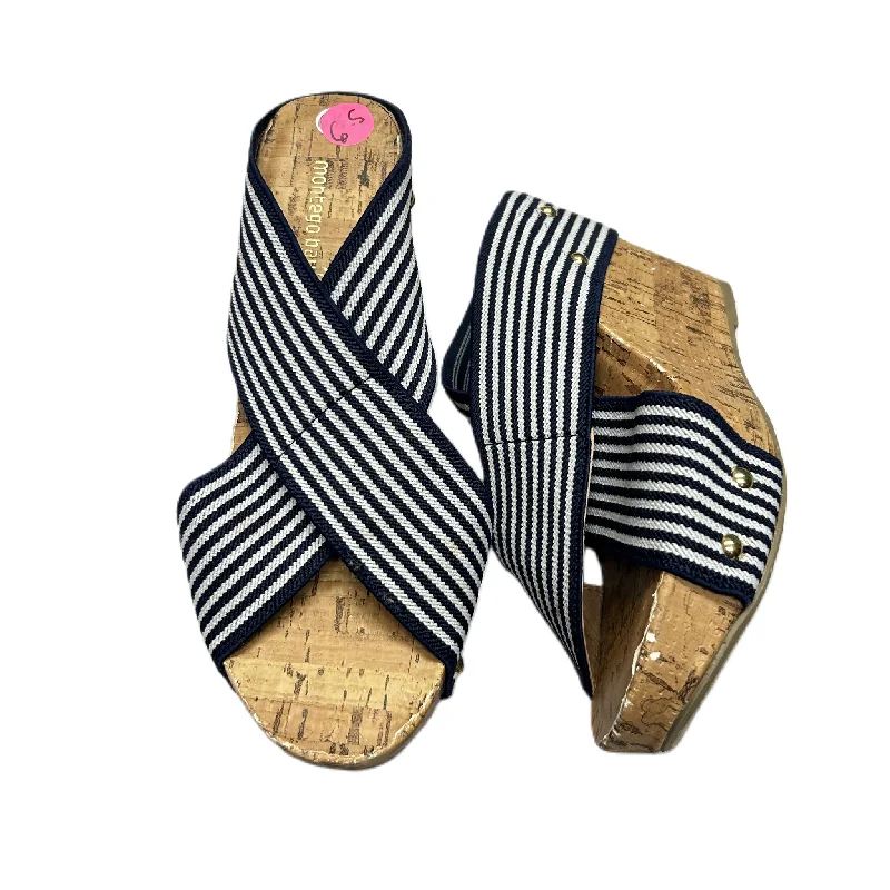 Navy Cream Sandals Heels Wedge By Montego Bay, Size: 6.5 Cowboy Boot Western Style  
