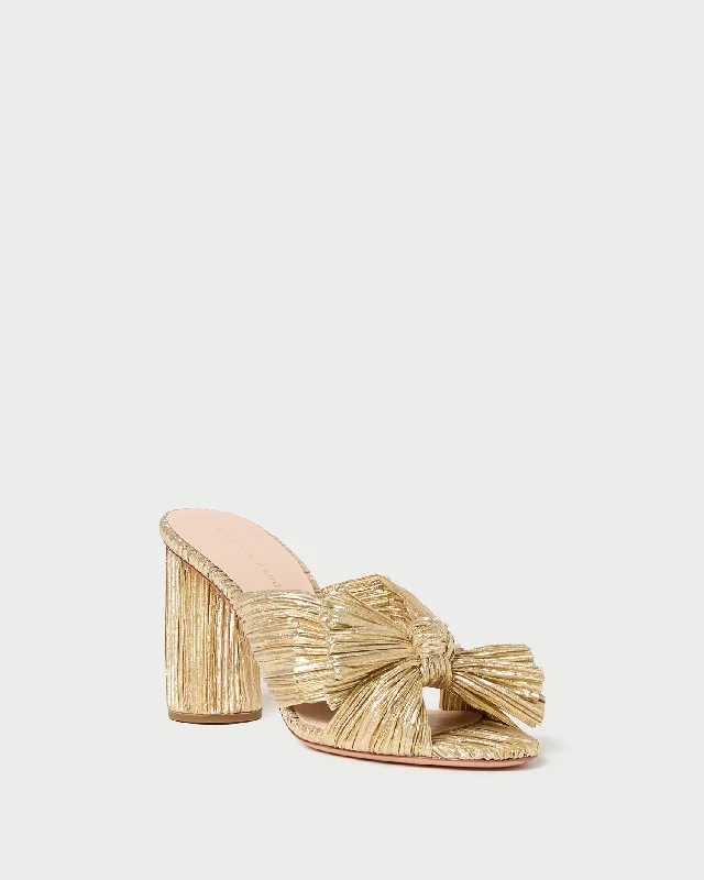 Penny Gold Pleated Bow Heel Casual Loafer Style          