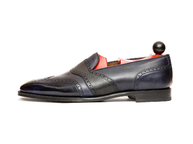 Piau - MTO - Navy Museum Calf / Black Soft Grain - MGF Last - Single Leather Sole Strap - Up Sandal Resort Style Piau - MTO - Navy Museum Calf / Black Soft Grain - MGF Last - Single Leather Sole Strap - Up Sandal Resort Style
