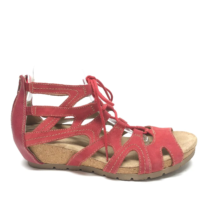 Red Sandals Heels Wedge Earth, Size 11 Strap - Up Sandal Resort Style  