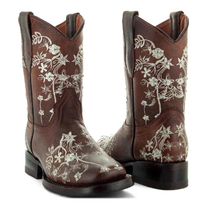 Soto Boots K3010 Girls Brown Embroidered Square Toe Cowboy Boots Lightweight Tennis Sneaker Look  