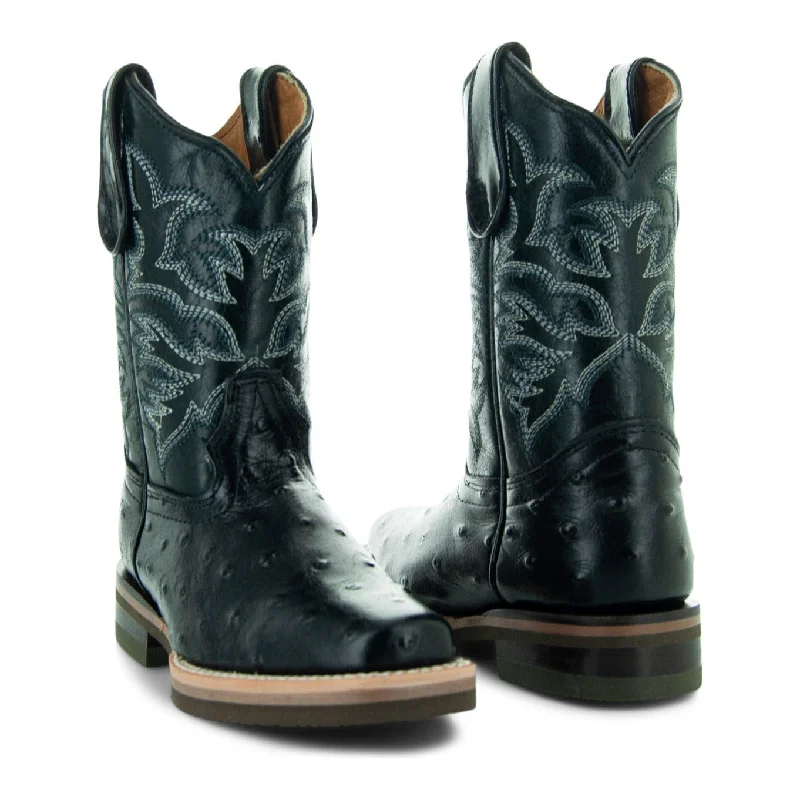 Soto Boots Kids Black Ostrich Print Cowboy Boots K4006 Distressed Leather Shoe Style  