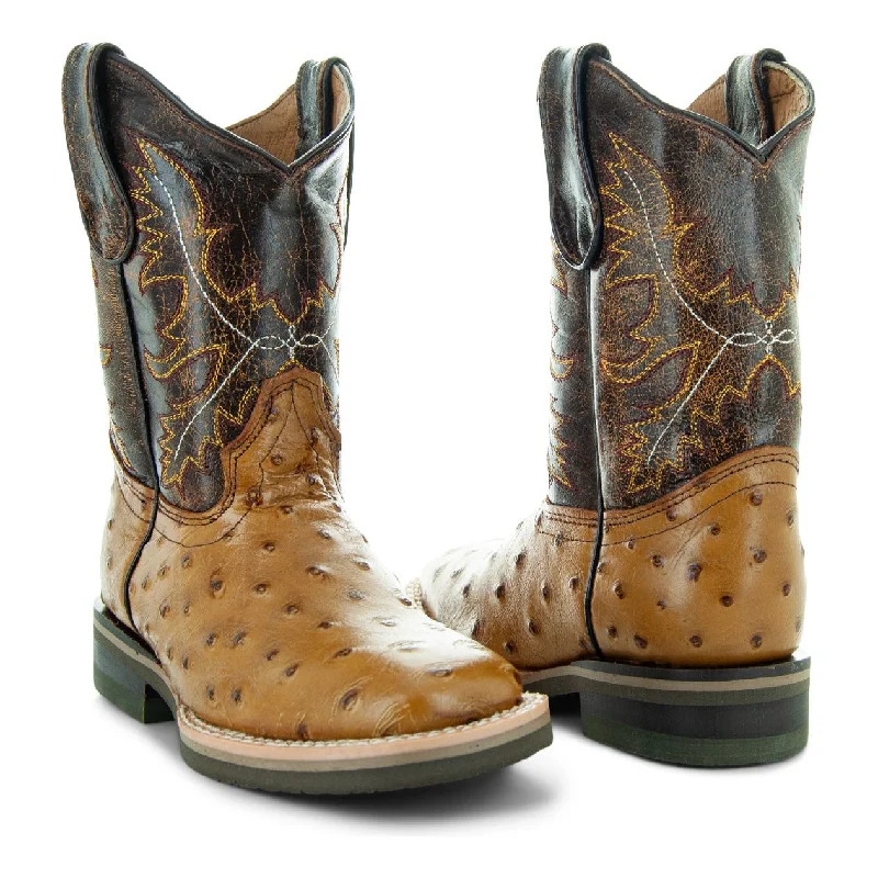 Soto Boots Kids Broad Square Toe Ostrich Print Cowboy Boots K4006 Strap - Up Sandal Resort Style  