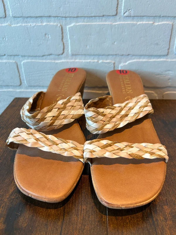 Tan Sandals Heels Block Italian Shoemakers, Size 10 Distressed Leather Shoe Style  