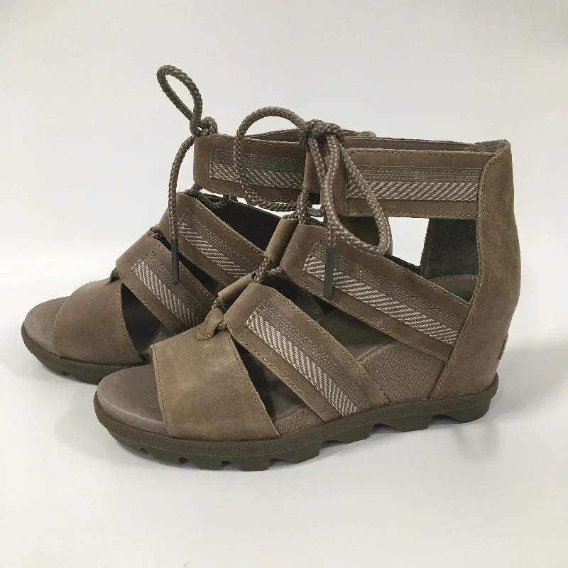 Tan Sandals Heels Wedge Sorel, Size 8 Memory - Foam Slipper Look  