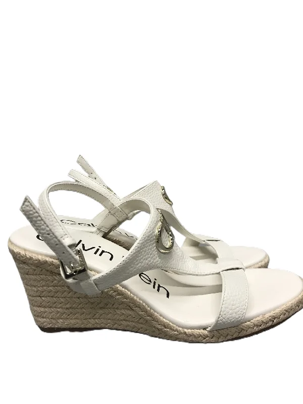 White Sandals Heels Wedge By Calvin Klein, Size: 8 Art Deco - Inspired Shoe Look  