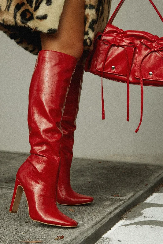 Adelaisa Knee High Heel Boots - Red Vintage Oxford Appeal 