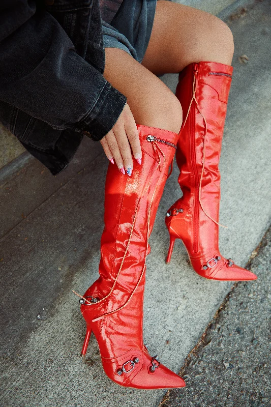 Adison Metallic Knee High Boots - Red Metallic Trim Shoe Design  