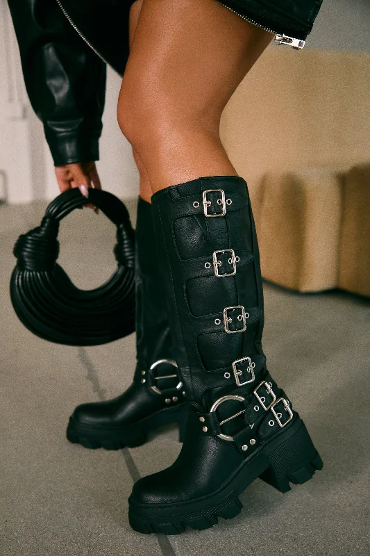 Alix Knee High Buckle Combat Boots - Black Chunky Platform Sneaker Style  