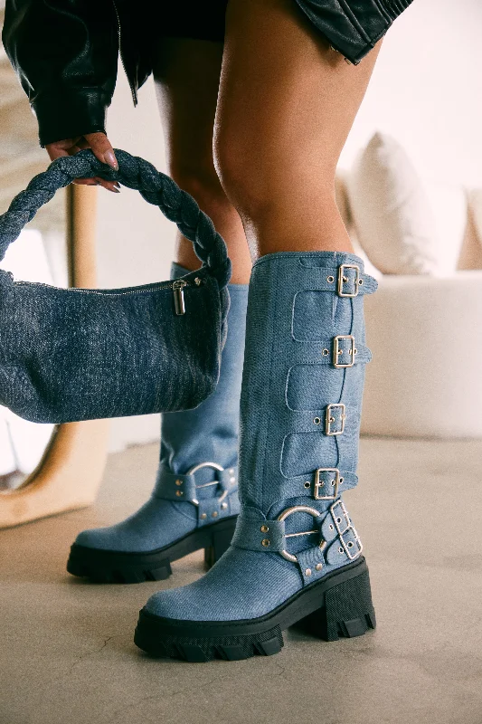 Alix Knee High Buckle Combat Boots - Denim Cowboy Boot Western Style  