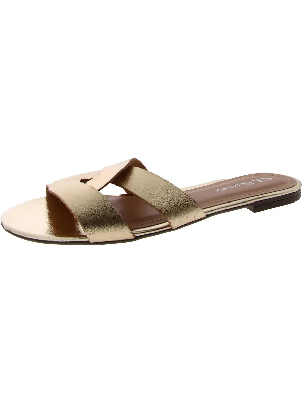 Anita Womens Leather Metallic Slide Sandals Buckle -