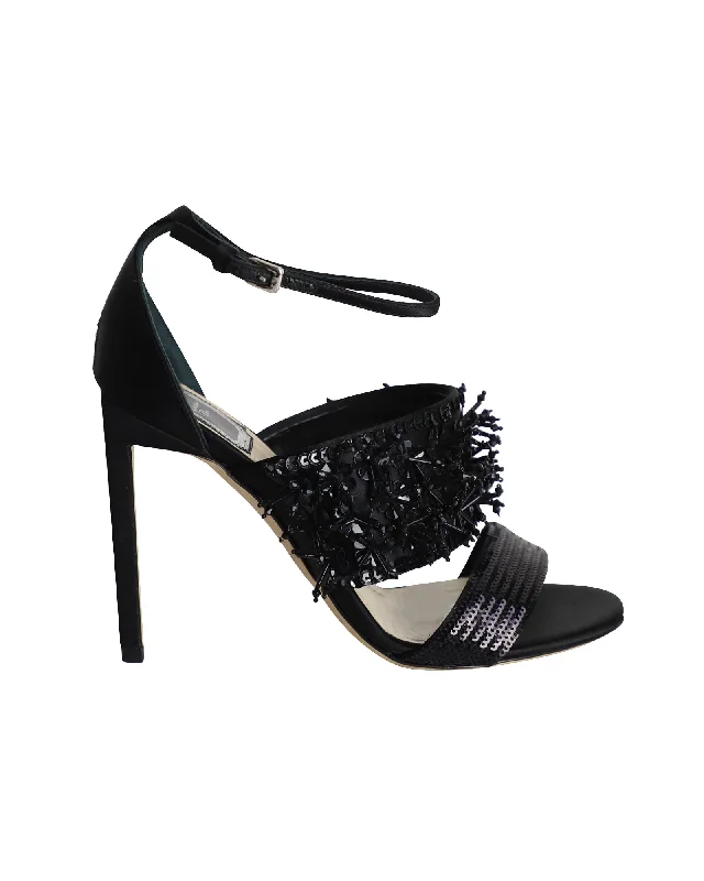 Christian Dior Diva Sequin Embellished Open Toe Sandals in Black Satin Athleisure Derby Style  
