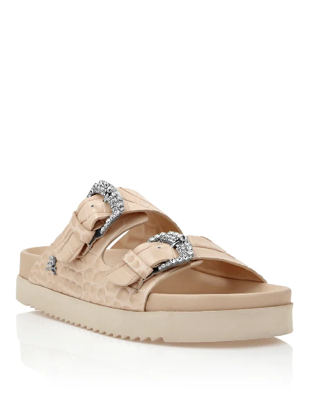 Croco Printed Leather Sandals Flat Crystal Tech - Inspired Sneaker Look  